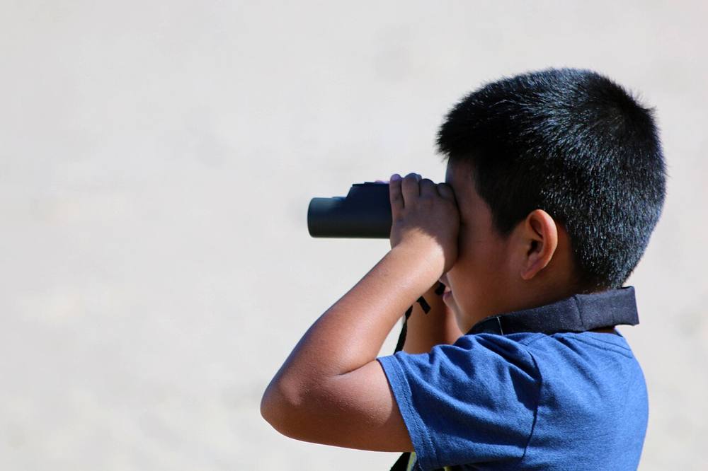 Young boy birdwatching through binoculars outdoors