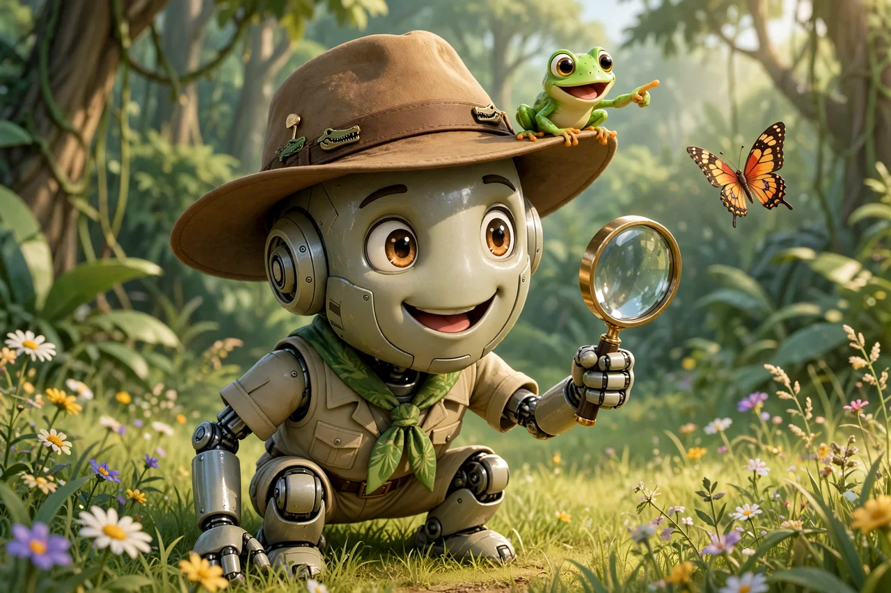 Wren crouching in a sunny meadow with his magnifying glass while Pip the tree frog points at a butterfly